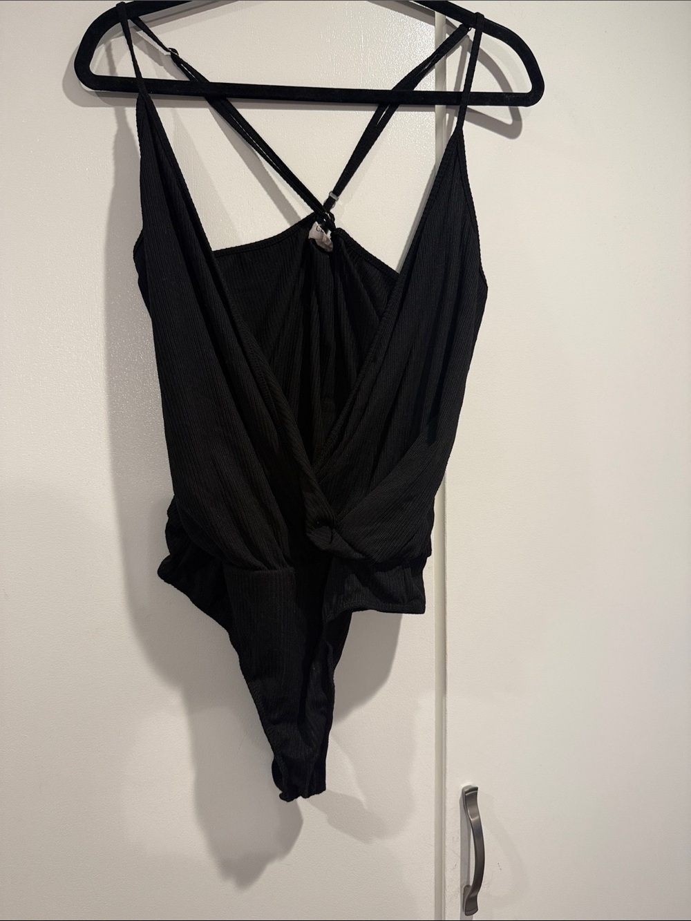 Black Ribbed Wrap-Front Bodysuit